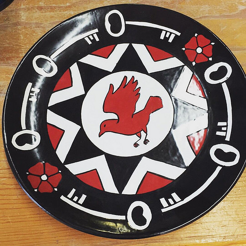 My maiolica plate, finally fired. Only a year after I painted it! Fingers crossed that this one won't break; third times the charm, right?